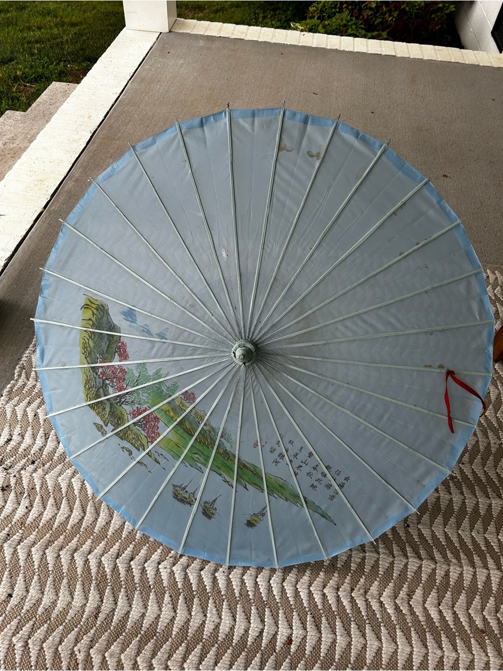 Light Blue vintage Decorative Asian silk Fabric Parasol with Scenic Motif
